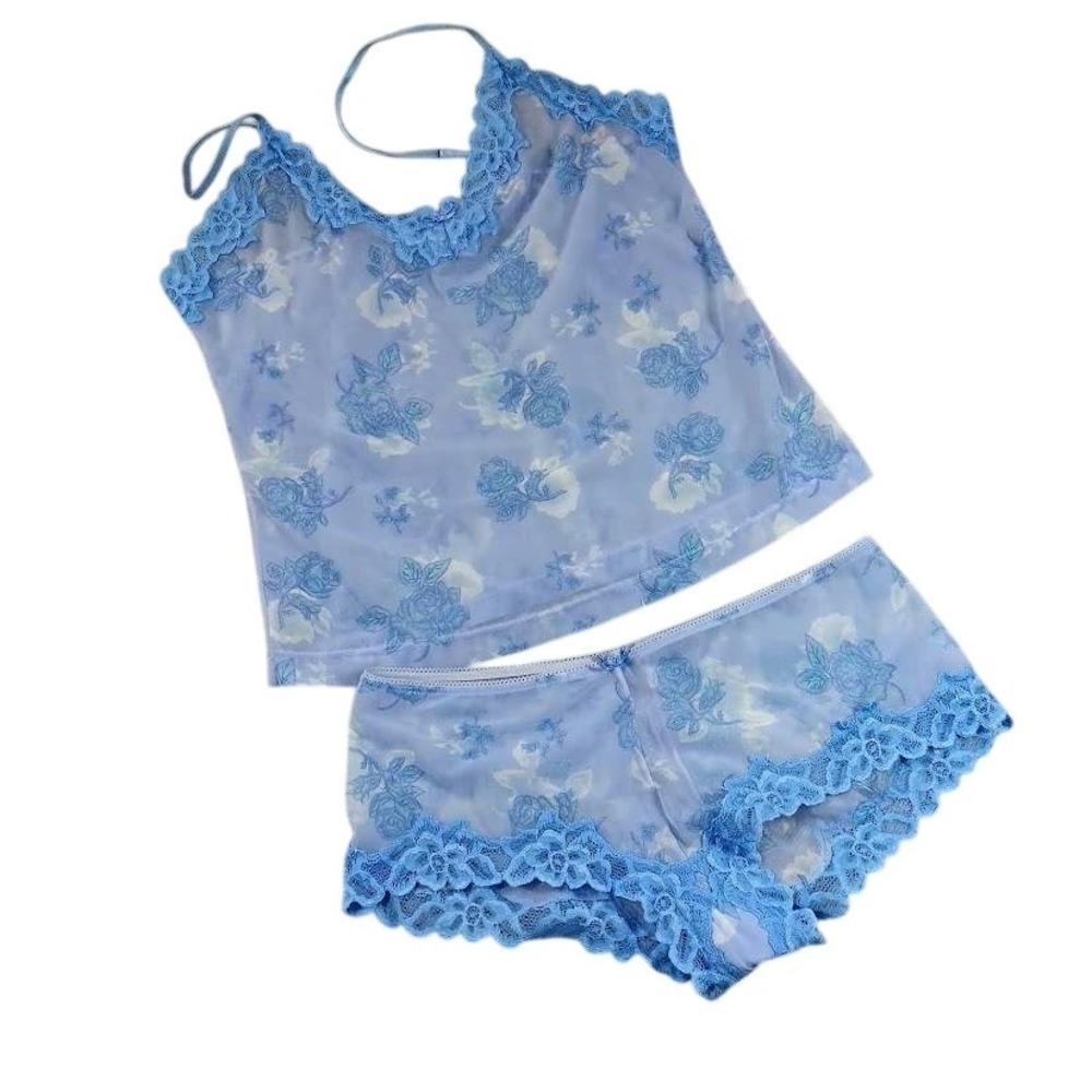 Gilligan & O'Malley Camisole Set Womens XL Blue Floral Sheer Mesh Lace Lingerie